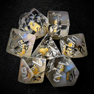 Owl in Clear & Grey Resin - 7pcs RPG Full Dice Set